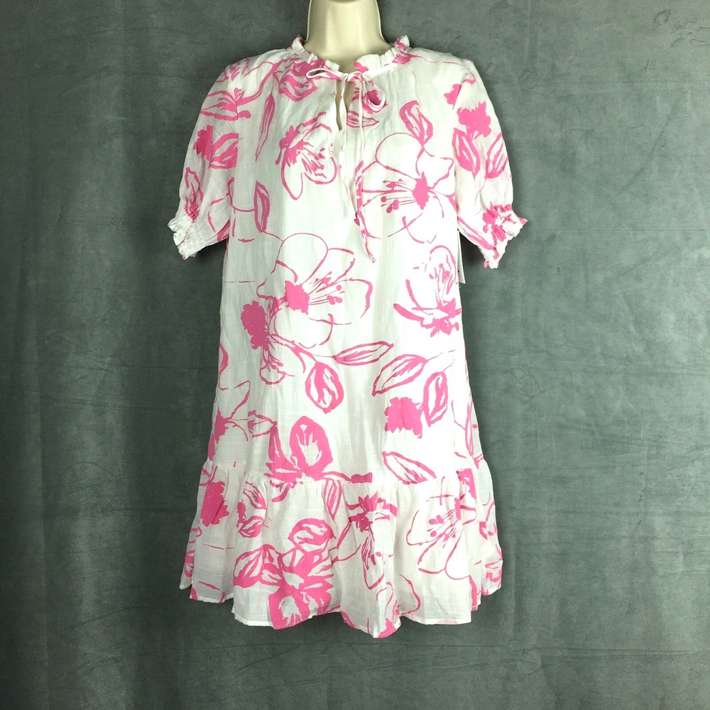 New Kindred Pink Floral Mini Dress M Ruffle Babydoll Puff Sleeve Summer‎ Party